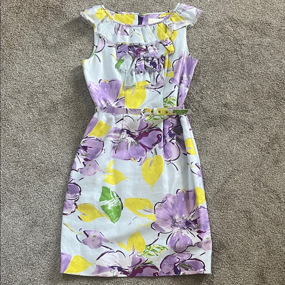 kate spade sz6 lavender yellow floral ruffled cotton silk sheath silk-lined